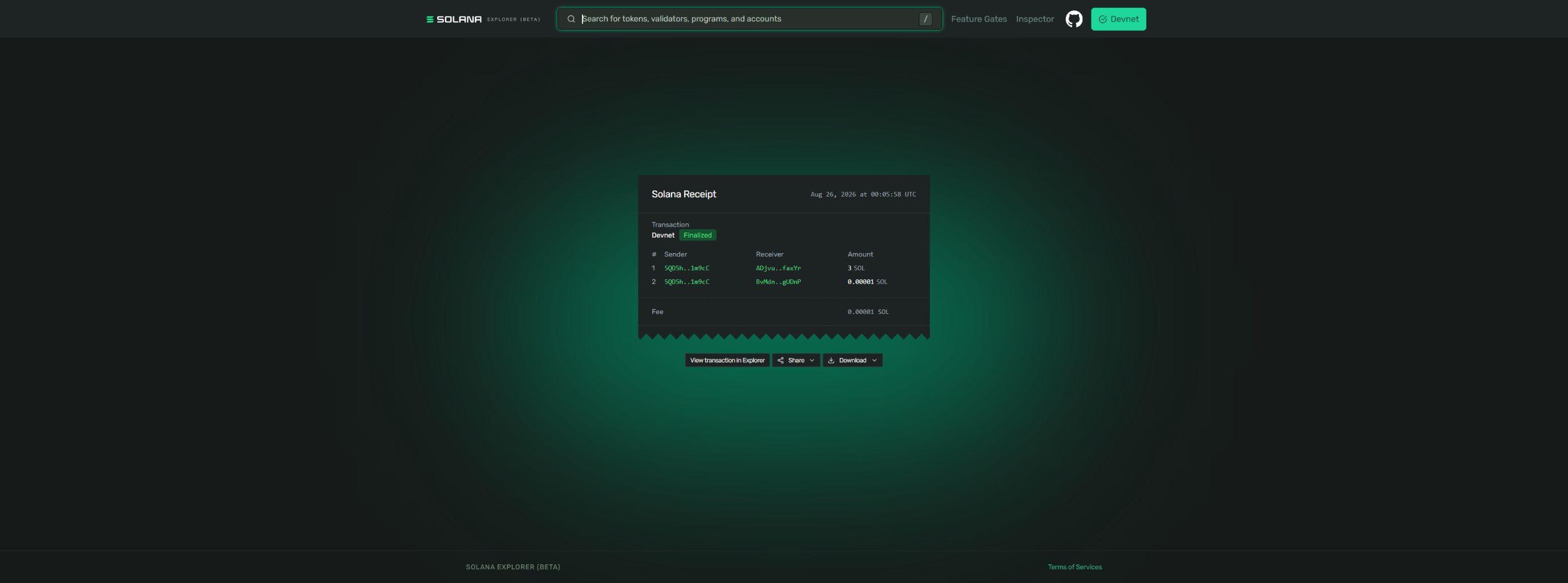 Finalized Solana devnet receipt showing the three SOL allocation funding