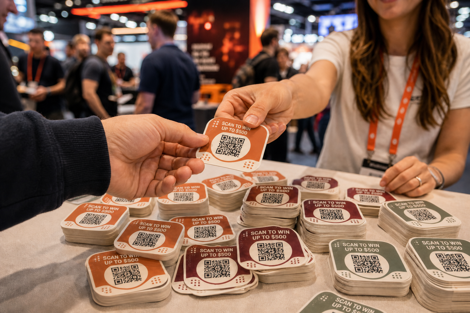 AI concept showing QR prize stickers being handed out at a crypto convention