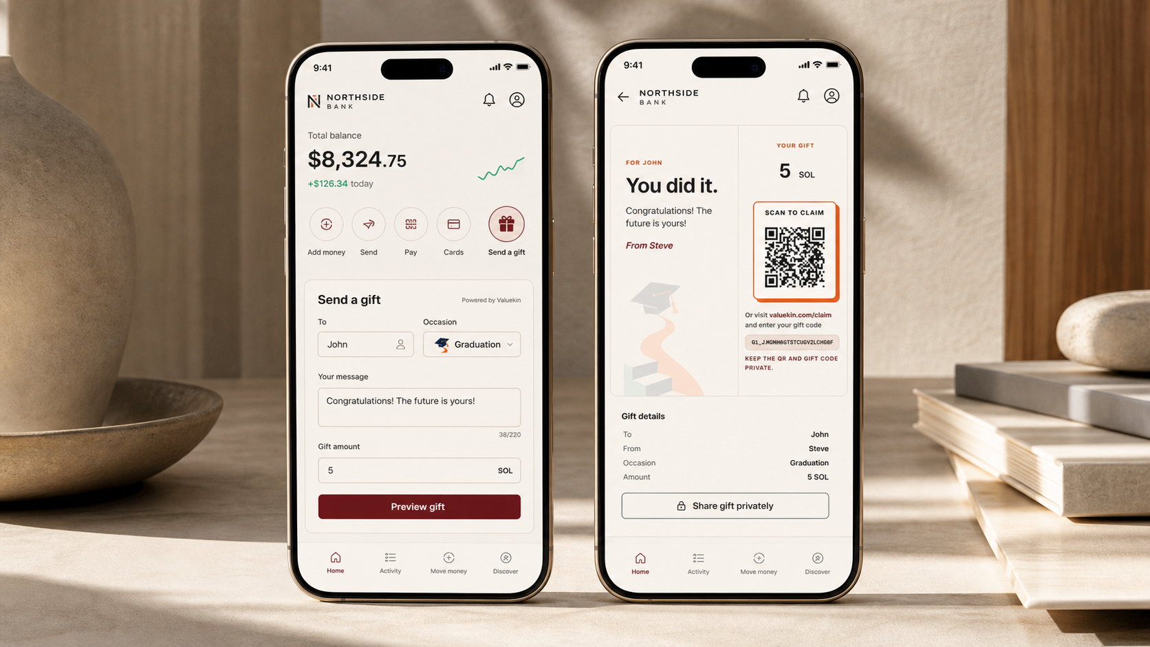 Valuekin gifting embedded natively inside a partner neobank app across two mobile phones