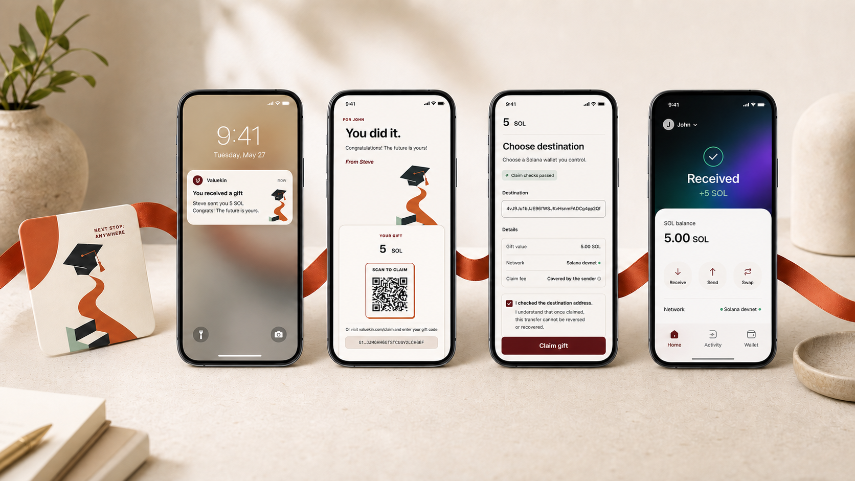 Generated Valuekin journey from a graduation gift through QR claim and destination choice to received SOL