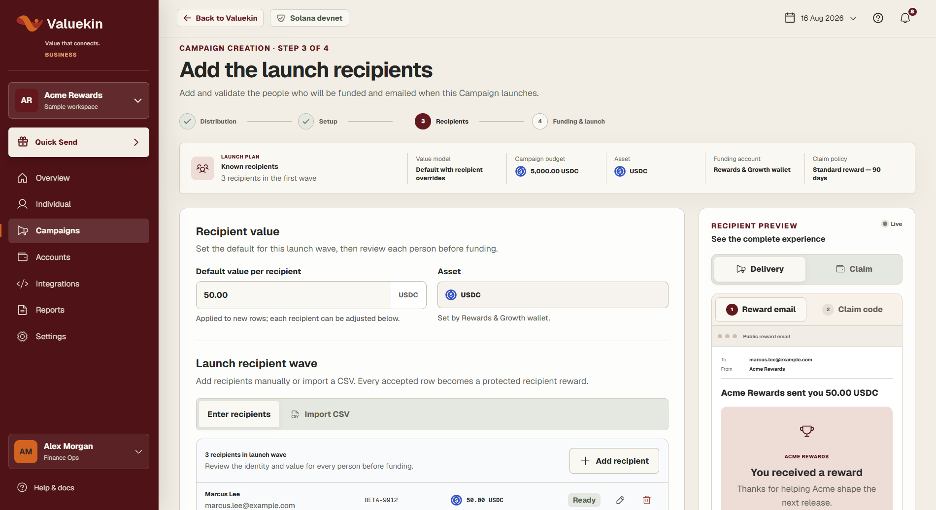 Valuekin campaign creation screen for adding and funding launch recipients