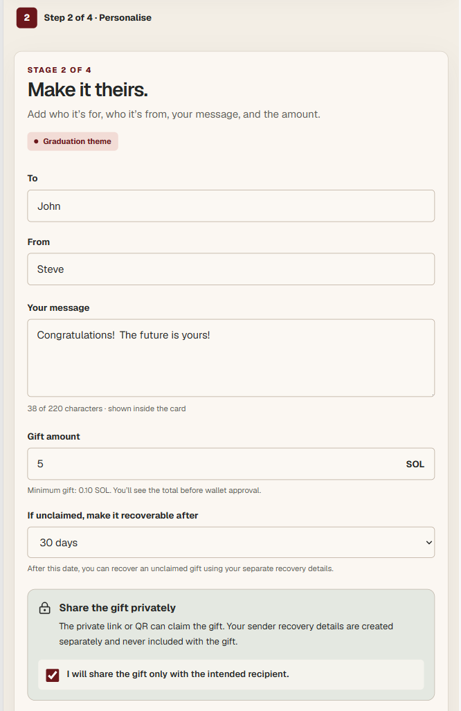 Valuekin gift personalisation screen with sender, recipient and amount fields