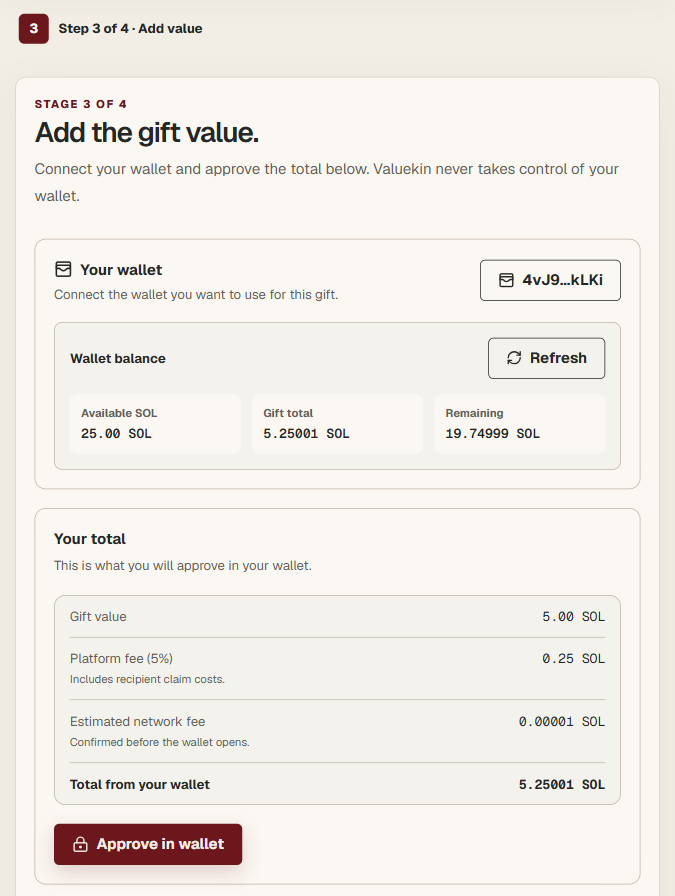 Valuekin gift funding screen showing wallet balance, total and approval action