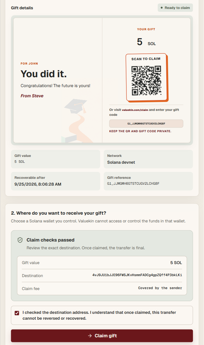 Valuekin recipient claim screen with destination checks and claim action